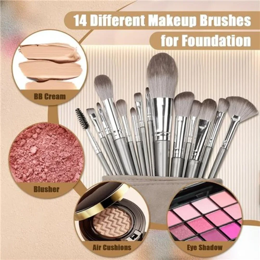 Makeup 14pc Brush Set w/ Pouch Professional Eye and Face Foundation Brush Set
